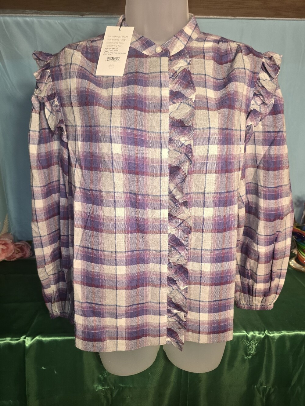 Something Navy Lavender Plaid Ruffle Button-Down Blouse